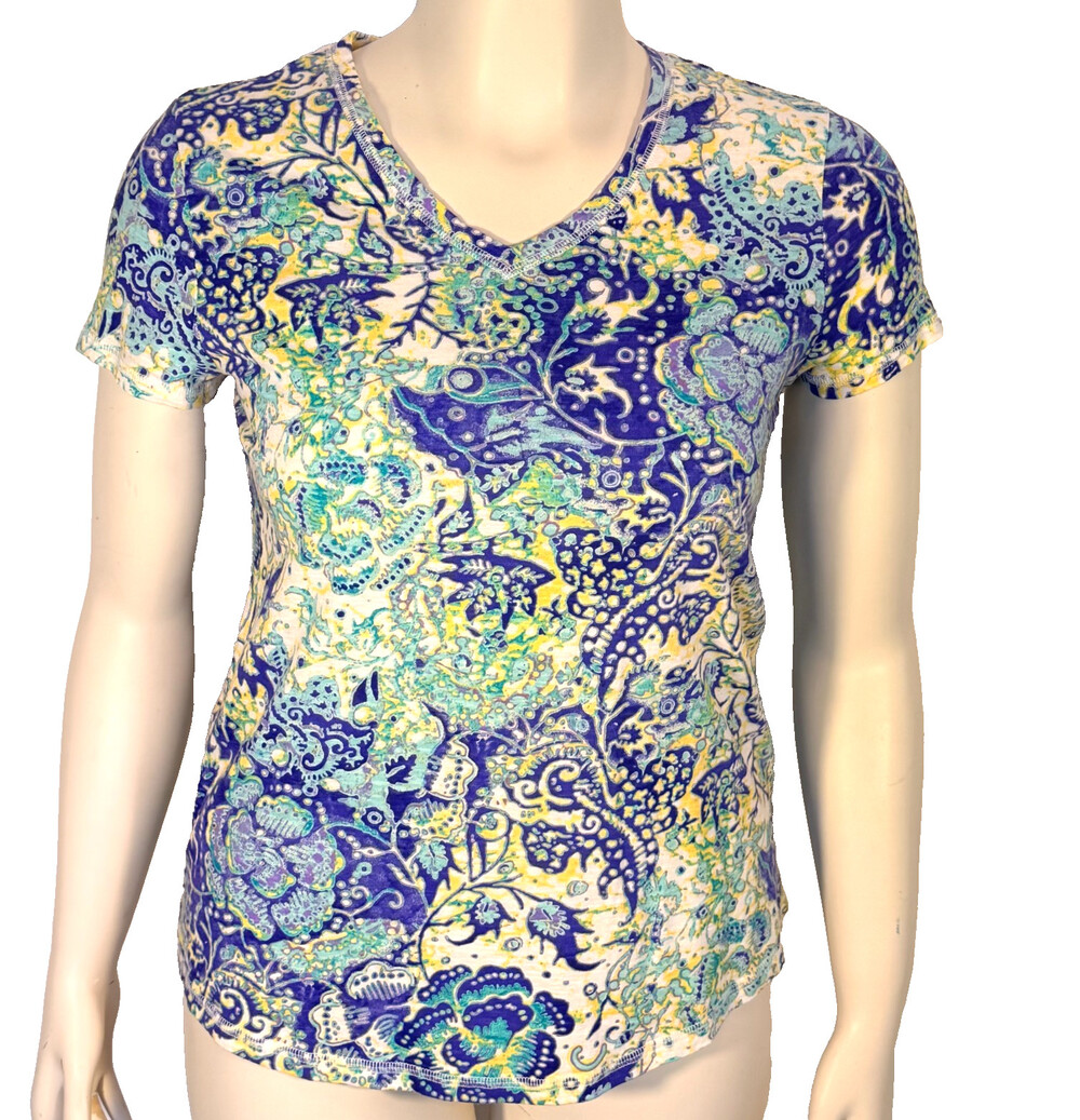 Chico's Tee Shirt Women's M (1) Blurred Floral Chintz V-Neck Short Sleeve Cotton